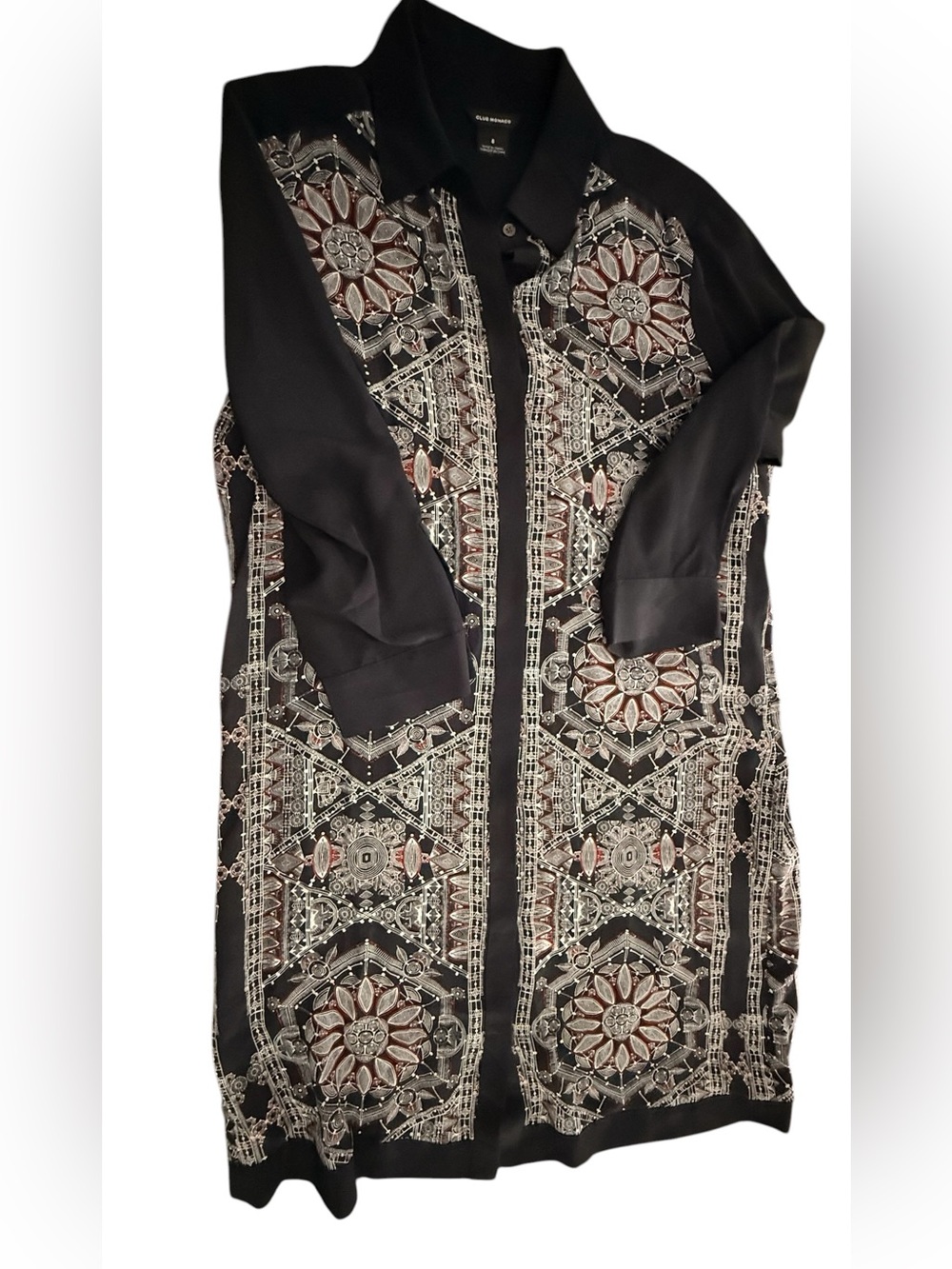 Club Monaco Black Longline Shirt Dress with Metallic Print